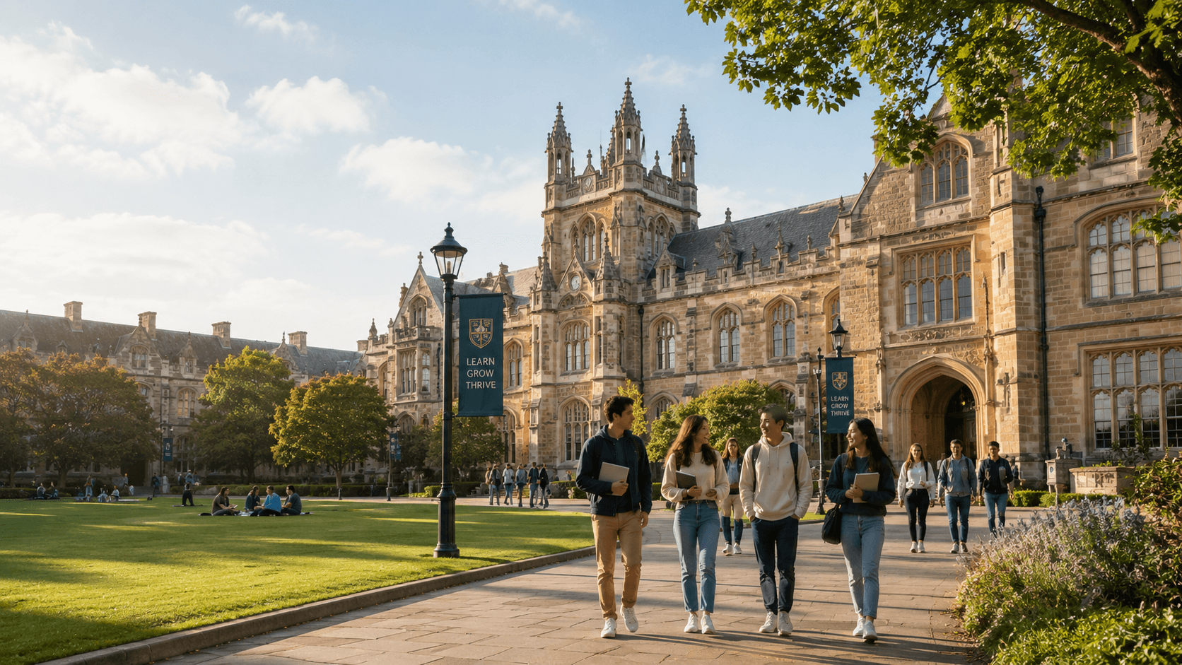 Students walking together on a university campus path
