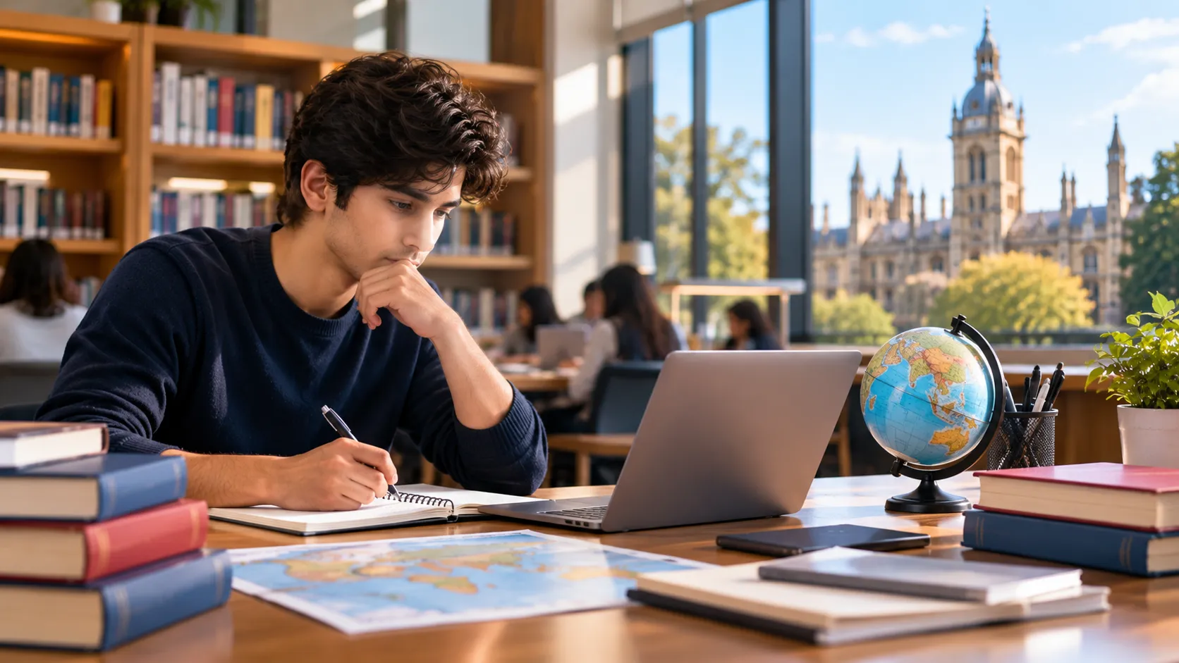 Study desks and books inside a university library